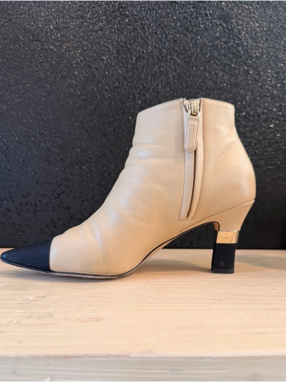 CHANEL Beige Leather Ankle Boots with Black Cap Toe